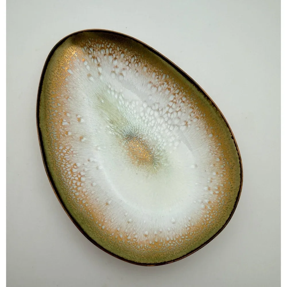 MCM Enamel on Copper Bowl Vintage Freeform Egg Asymmetrical Signed Leon Statham